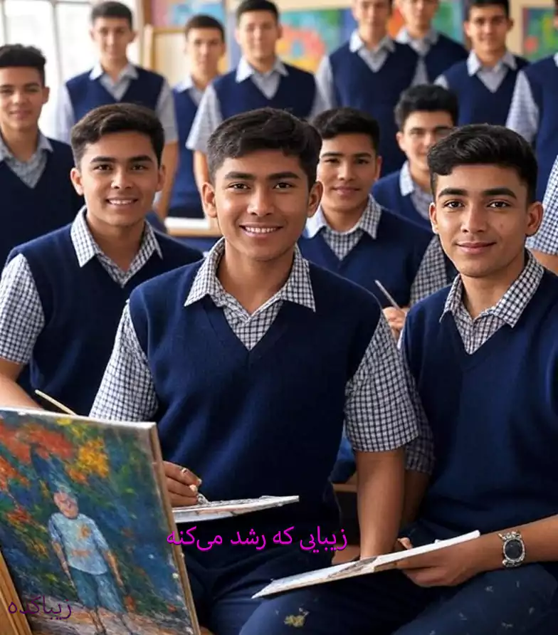 گروهی از دانش‌آموزان پسرانه در کلاس هنر بهان، با نقاشی‌های رنگارنگ