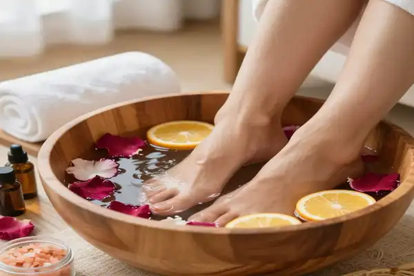 قراردادن پا در تشت آب ولرم برای پدیکور